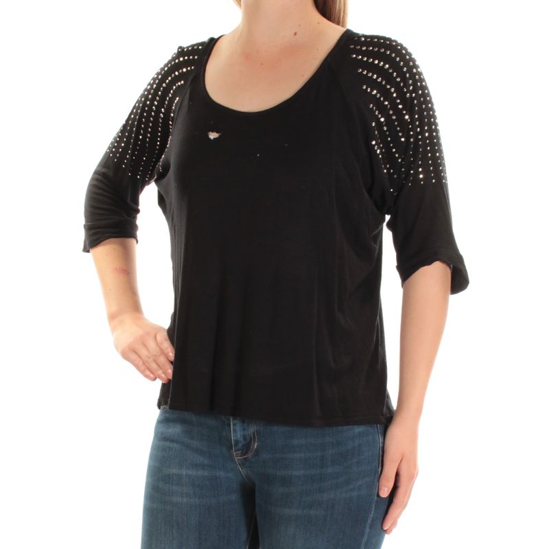Nwt Inc Womens Black Beaded 3/4 Sleeve Scoop Neck Top Size: M